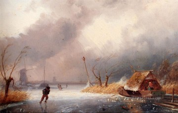 チャールズ・ライカート Painting - 凍った水路を歩くスケーターたちの冬の風景 チャールズ・ライカート